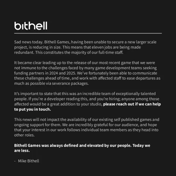 Volume, John Wick Hex Studio Bithell Games Loses 'Majority' Of Staff To Layoffs