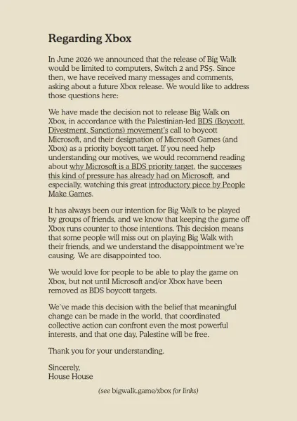 House House Chose Not To Put Big Walk On Xbox In Accordance With Palestinian-Led BDS Boycott Against Microsoft Games